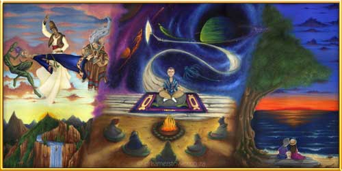 This painting was created to depict the spiritual aspect of this man, his current physical life as a teacher and meditation guide and also to show his future of calm and rest. Source wanted to show him in his power with this ascendants and also how he impacts the lives of those coming to him for healing. It is vital to also remember that we are all entitled to peace and this is very evident in this transcendent painting of a multitude of energies - completed in September 2011