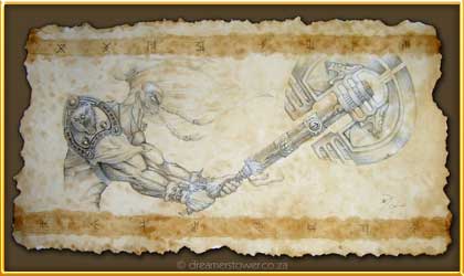 This is a sketch showing the weapon of this Viking as he lived with honour battling for the safety of his family. It was created to inspire the client to recall his immutable energy and to stand firm in the knowledge of his unconquerable spirit. - completed in December 2006