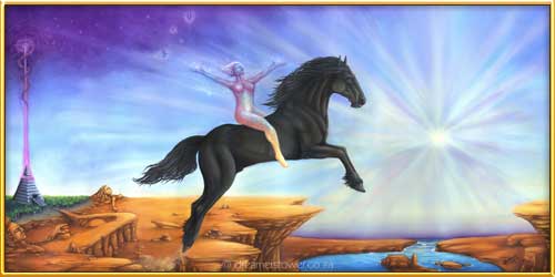 This oil painting is a wonderful depiction of a soul being of pure light awakening to her true potential and being supported by a majestic Friesian horse. Leaping fearlessly together into the unknown, whilst at the same time a world of magic follows them into the star light. This painting speaks to the Soul; saying you are not alone and we are with you always, trust that your dreams are a reality. - completed in April 2015