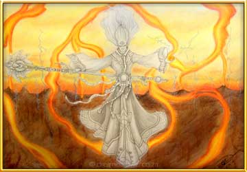 This alchemist stands suspended in timelessness yet taking the lava and using it to create the world of his choice. Alchemy in action and Jânée had to face up to her strength as a soul alchemist even though this was a challenging journey for her at that time. - completed in July 2007